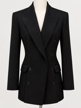 Emblem Vintage Black Wool Blend Double-Breasted Tailored Blazer Peak Lapel Jacke